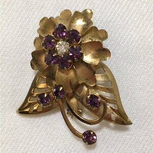 Vintage Gold Tone Brooch Purple Rhinestone Lapel Pin Antique Flower Brooch
